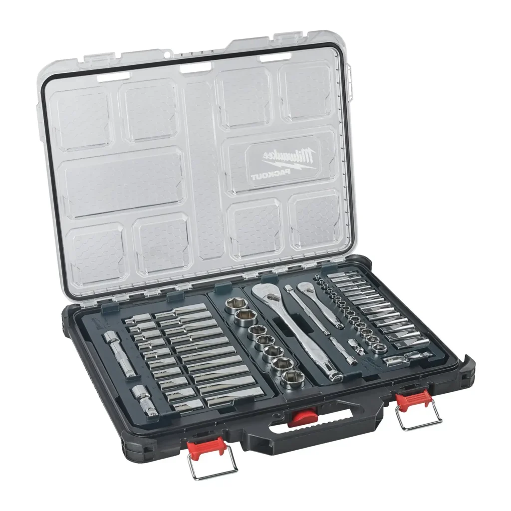 Zestaw nasadek metrycznych 1/4" i 1/2" z grzechotką Milwaukee PACKOUT / 63 elementy